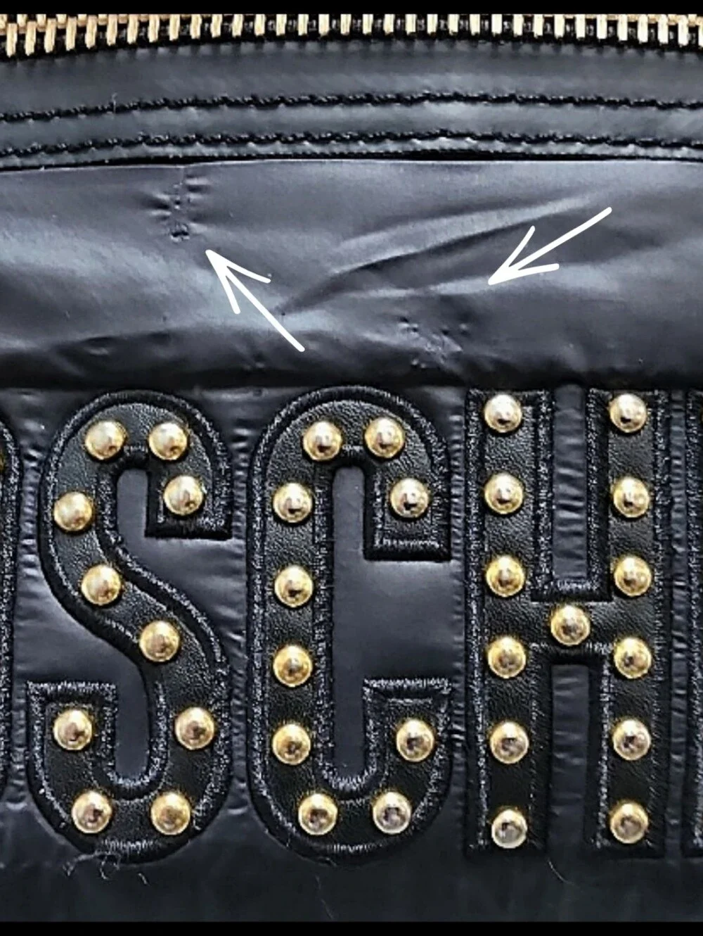 MOSCHINO Quilted Stitch Logo Backpack Gold Studded Hardware Key Ring Nylon Black